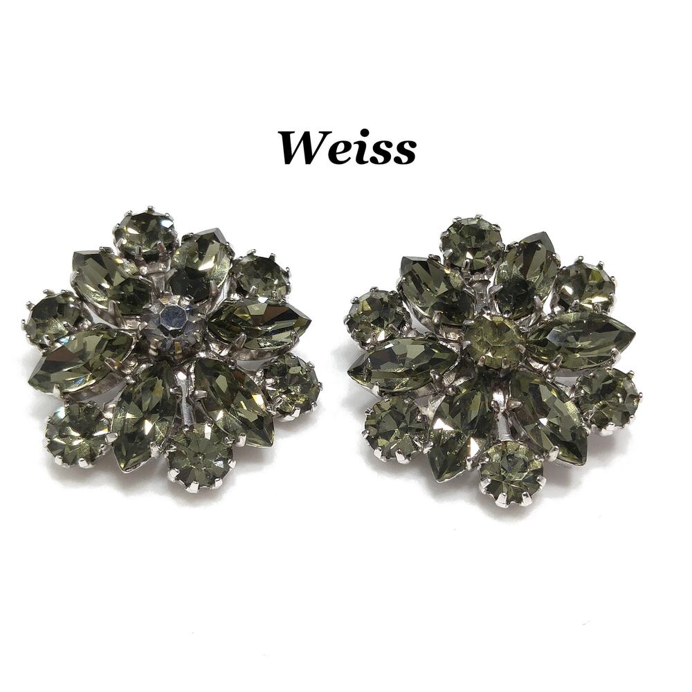 Weiss Dark Green Rhinestone Earrings, Silver Tone, Gold Plated, 1960 Vintage